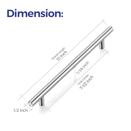 Image of Ravinte Cabinet Pulls,10 inch Length,7-1 /2 inch Hole Center,Brushed Nickel,12 Pack | Kitchen Drawer Pulls, Stainless Steel Feel, Round T-Bar Shape, Cabinet Handles, For Cupboards, Drawers, Dressers, Cabinets