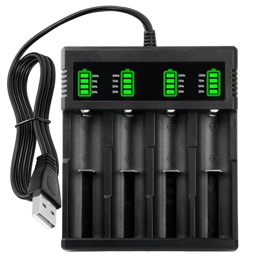 4 Slot AA AAA Battery Charger 18650 Battery Charger with LED Universal Fast Rechargeable Battery Charger for 3.7-4.2V Li-ion Battery 26700 18650 26650 21700 14500 18500 with USB Cable