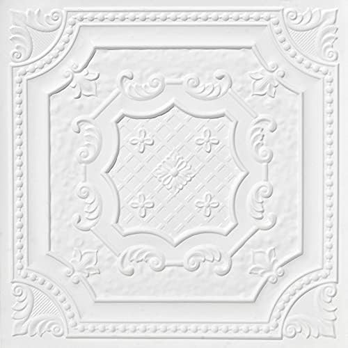 From Plain To Beautiful In Hours DCT04 Elizabethan Shield PVC 2' x 2' Lay-in or Glue-up Ceiling Tile, Pack of 50, White Matte, 50 Piece