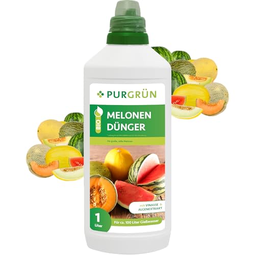 Purgrün® Bio-Melonen-Dünger 1 Liter – Organische Rezeptur – Premium-Flüssigdünger – NPK 4+1+7 – Mit Algenextrakt & Vinasse – Extra Kalium für große, süße Melonen – Ohne tierische Inhaltsstoffe