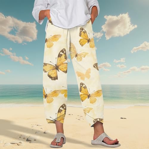 Image of DMOYALA Linen Pants for Women Summer Casual Wide Leg Capri Pants Loose Fit Palazzo Pants Cropped Beach Pants with Pockets