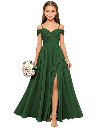 Farichos Emerald Green Junior Bridesmaid Dresses Long Chiffon First Communion Dress V Neck Ruffle Girls Formal Dresses for Teens 12-14
