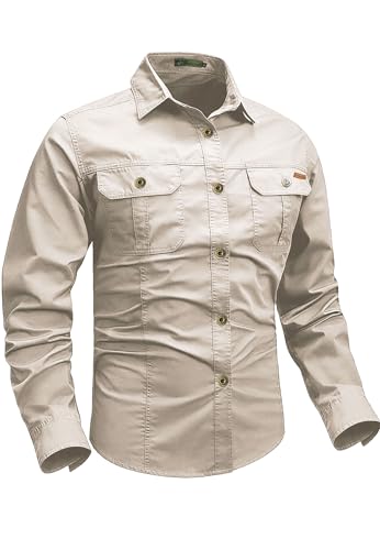 Zyvrenix Men's Long Sleeve Button Down Cotton Shirts with Pockets Apricot S - image 1