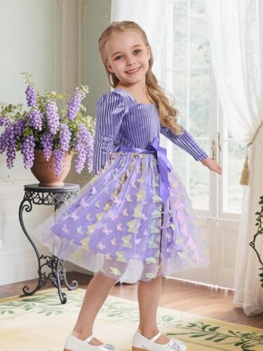 Little Girls Velvet Dresses Butterfly Layered Tulle Dress Long Sleeve Square Neck Tutu Dress Party Princess Dress 4-10Y4