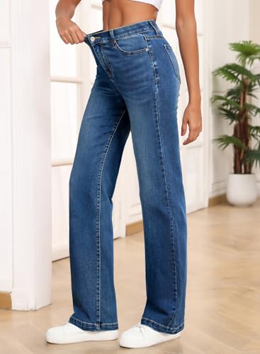 Image of Sidefeel Women's Wide Leg Jeans High Waisted Tummy Control Stretchy Straight Leg Elastic Waist Trendy Denim Pants