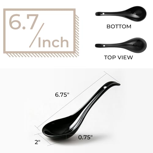 Image of DOWAN Soup Spoons, Ceramic Asian Soup Spoons, Black Japanese Spoon Large for Ramen Pho Wonton Dumpling Miso, Deep Oval Hook Design, Set of 4 (Black)