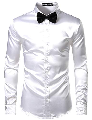 PARKLEES Chemise à manches longues en satin brillant similaire à de la soie - pour homme - pour fête, soirée disco, bal de promo, blanc, L
