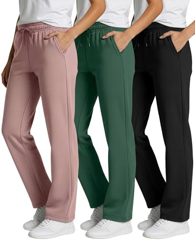 Image of Real Essentials 3 Pack: Women's Relaxed Fit Fleece Open Bottom Sweatpants - Casual Athleisure (Available in Plus)
