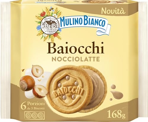 Mulino Bianco Biscotti Baiocchi Nocciolatte, Cialde di Pastafrolla Farcite con Crema alle Nocciole 100% Italiane da Filiera Sostenibile, Snack Ideali per Colazione o Merenda, Senza Olio di Palma, 168g