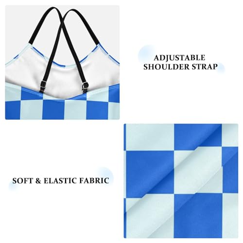 Light Dark Blue Squares Girls One Piece Swimsuits Sport Halter Swimwear Beach Bathing Suit 7-8T3