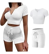 EROSEL Women’s 2 Piece Workout Set – Ribbed V-Neck Crop Top and High Waisted Biker Shorts for Yog...
