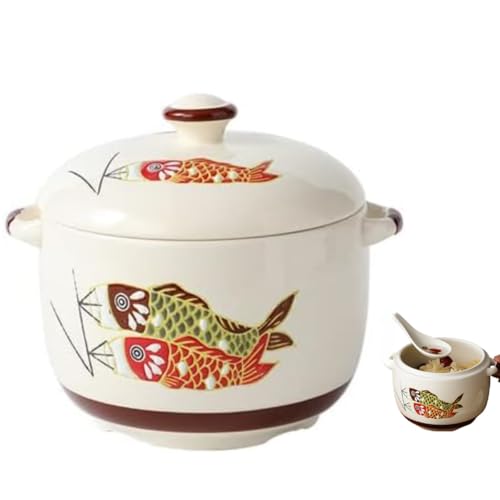 SLLS 茶碗蒸し器 蓋付き 4点セット 日本風 蒸し碗 スープカップ デザートカップ 手描き 陶器 食器 おしゃれ ギフト (450ml,和風鯉+スプーン2杯)