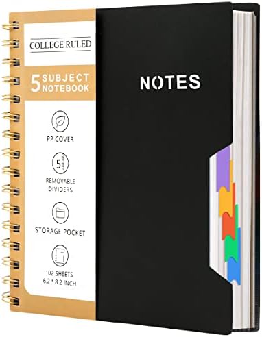 CAGIE 5 Subject Notebook College Ruled 6'' x 8'' Hardcover Spiral Lined Notebook with 5 Removable Colored Dividers 204 Pages Notebooks for Work, School Supplies, Home & Office, Writing Journal