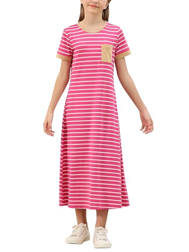 GORLYA Girls Contrast Striped Loose Casual Long Shift Swing Patch Pocket T-Shirt Maxi Dress 6-14Y(GOR1221,12Y,FuchsiaStripe)