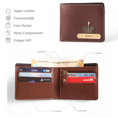 Image of Thebaegift Men's Personalized Wallet I Customized Slim Stylish Leather Purse with Name & Charm I Unique Birthday Anniversary Gift for Men Boy Love Husband Employees Clients - (Brown)