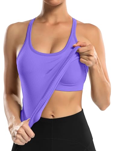 Image of ATTRACO Ribflex Ribbed Workout Tank Tops for Women with Built in Bra Racerback Scoop Neck Athletic Top