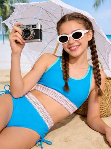 Image of Teen Girls Swimsuit Two-Piece Bikini Set Adjustable Shoulder Straps Bathing Suit Kid Athletic Swimwear with Chest Pad