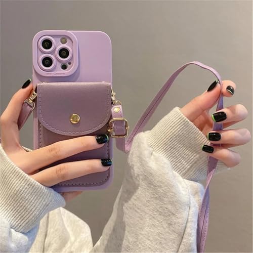 Porte-cartes de luxe en cuir violet avec bandoulière pour iPhone XR