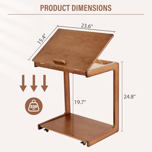 Image of Uniclinens Couch Tables that Slide Under - Rolling Side Table C Shape, Wooden Slim Sofa Desk with Wheels, Small TV Tray for Laptop Multi-Purpose Living Room Bedroom, Walnut