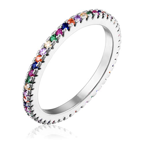 KISPER 18K White Gold Plated Rainbow Cubic Zirconia Stackable Ring Eternity Bands for Women, Size 5