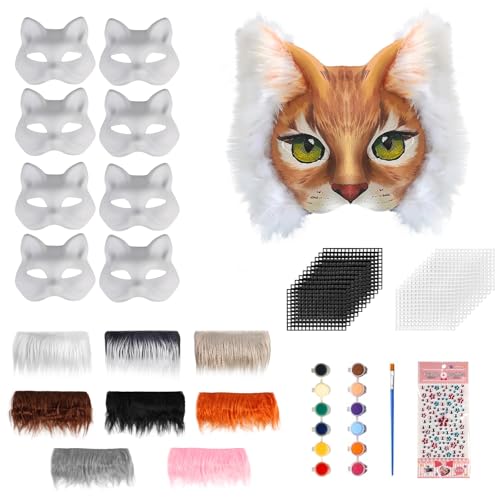 Giftota 8 Stück Katzenmasken zum Bemalen, DIY Papier Maske mit 8 Kuns Fell und 20 Eye Mesh, DIY Weiße Maske, Therian Mask, für Maskerade, Halloween, Karneval, Cosplay (Katzenmasken 02)