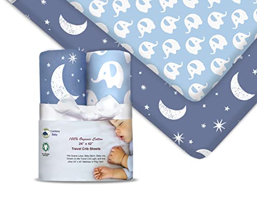 Image of 100% Organic Cotton Fitted Travel Crib Sheets, Perfectly Compatible with Guava Lotus, BabyBjorn, Dream On Me and All mattresses 22-26" Wide by 40-44" Long. Strap Holes in Corners. 2 Pk