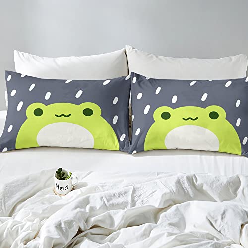 Loussiesd Cartoon Frog Duvet Cover 3D Animals Comforter Cover Rain Cute Animal Frog Green Gray Bedding Set For Kids Adults Bedspread Cover Ultra Soft King Size Zipper - Image 4