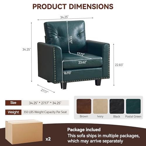 Image of 34.3 inch Faux Leather Modular Sectional Single Couch, Vintage PU Leather Accent Sofa Chairs with Nailhead Trim for Sofas, Mid Century Modern Tufted Chair for Living Room, Bedroom, Office, Forest Green