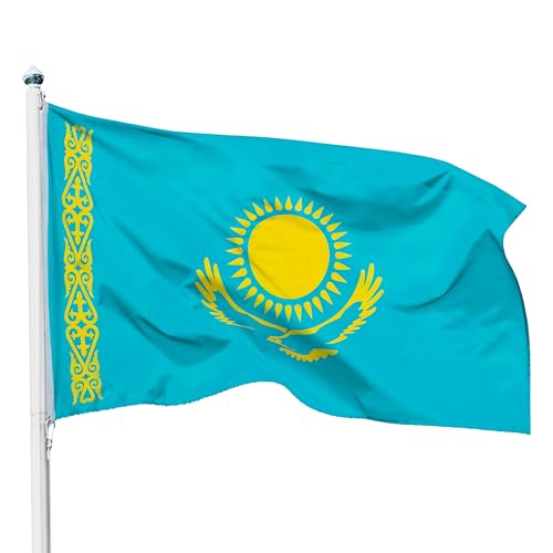 PHENO FLAGS Drapeau Kazakhstan 90x150cm – kazakh - résistant aux intempéries, avec œillets en laiton, 100% polyester, coutures doubles robustes et couleurs éclatantes – pour les passionnés de drapeaux