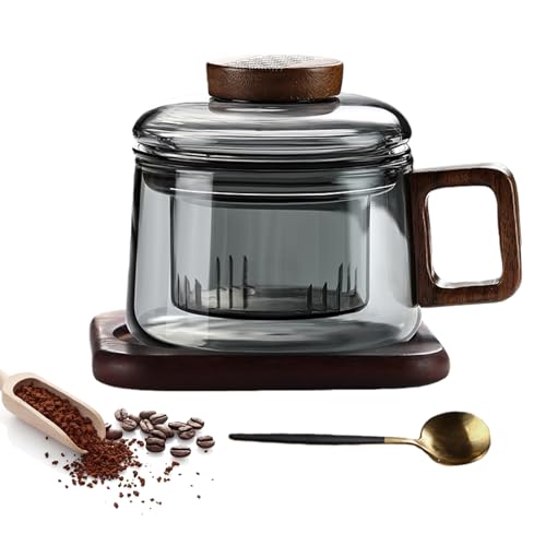 PORFOYO Taza de té de cristal con tapa y colador, tazas de té de 200 ml con mango de madera, vasos de té, taza de té de vidrio de borosilicato, taza con posavasos de madera para té floreciente y