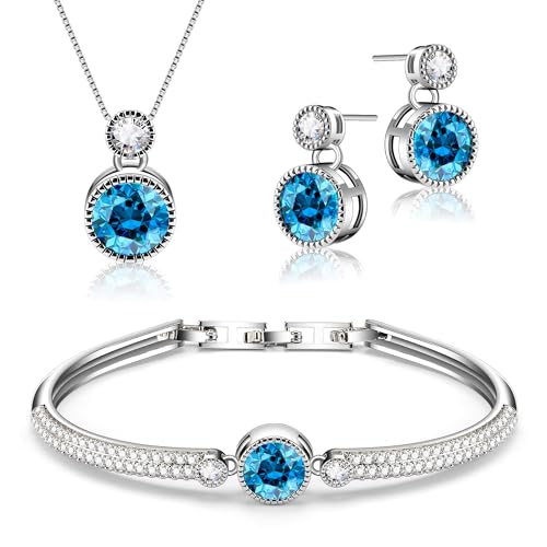 Ocean’s Promise Women Pendant Necklace Bracelet and Earring Jewelry Set 18K White Gold Plated with Crystal Gift for Women