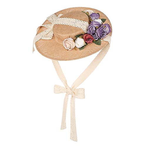 Girls Women Victorian Tea Party Sun Hat Costume Small Flat Top Hat with Flower Purple3