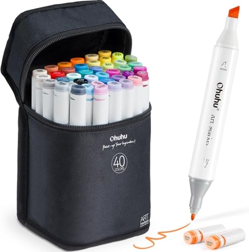 Ohuhu Alkohol Marker – 40 Farben mit Breit & Feinspitze Doppelspitziges...