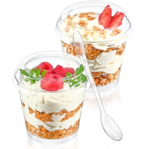 TOFLEN 6 oz Mini Dessert Cups with Lids and Spoons 150 Pcs | Serves 50 | Small Plastic Cake Cups Round Party Serving Cups for Parfait, Appetizers, Mousse, Dessert Shot Glasses
