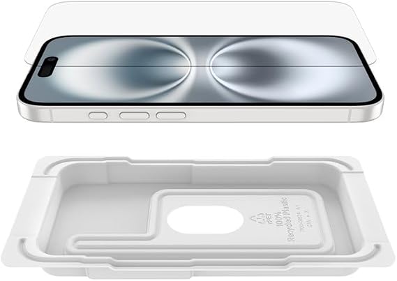 Belkin ScreenForce InvisiGlass iPhone 16/15/14 Pro Screen Protector, 62% Stronger Recycled Glass, 9H Scratch Resistance, Easy Align Tray, 2-Pack