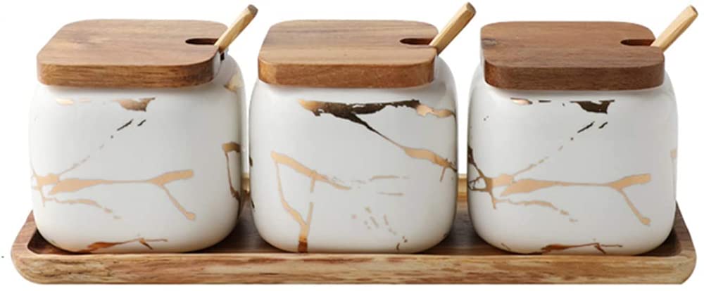 Set di contenitori per sale e zucchero, utensili da cucina in ceramica, ogni barattolo ha un volume di circa 340 g, 3 zuccheriere in marmo con coperchio e cucchiaio da portata, vassoio in legno bianco