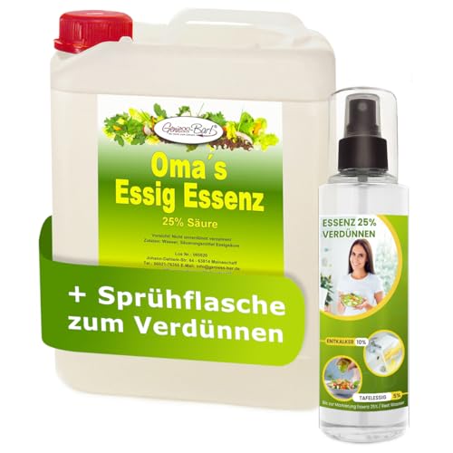 Oma`s Essigessenz 25% Säure 5 L Unser Geschmackssieger für die gute Küche & Haushalt/Entkalken/Reinigen ohne Chemie Essig Essenz