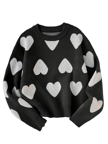 Image of RoseSeek Girl's Bow Graphic Sweaters Crewneck Long Sleeve Knit Pullover Tops Drop Shoulder Knitwear