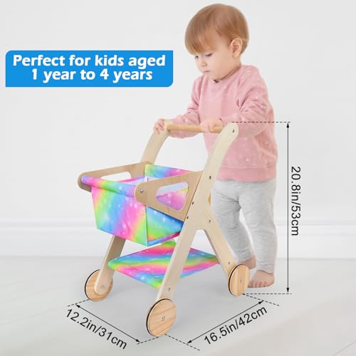 FIOBEE Shopping Cart for Kids Toy Shopping Cart with Basket Wooden Baby Toys, Kids Grocery Cart for Boys Girls Pretend Play Grocery Store, Rainbow - Thumbnail 2
