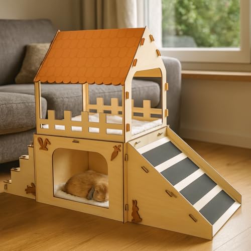 OtterPets Extra Large Bunny Hideout, Cozy Rabbit Castle with Fleece Mats, Wooden Rabbit Hideout, Bunny House Indoor Indoor, Chinchilla, Guinea Pig House by OtterPets - Image 6
