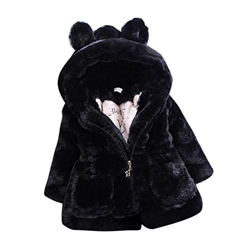 LLQ Manteau Fille à Capuche avec Oreilles Blouson Fille Épaisse Parka Mode Cardigan Hiver Chaud Veste Adorable Duffle Coat Jeunes Enfant Gilet Fille Noir, 110cm/ 4 Ans