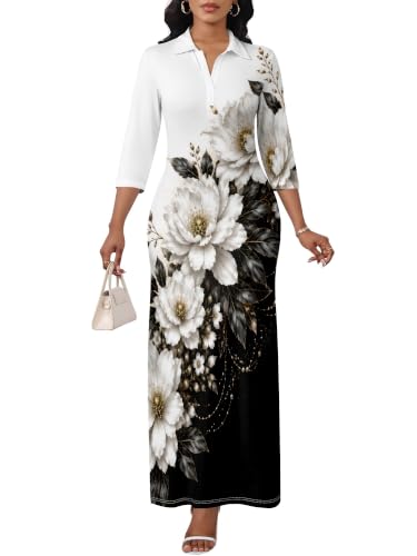 Image of PinkPatty Women's Casual 3 /4 Sleeve Polo V Neck Bodycon Maxi Dress