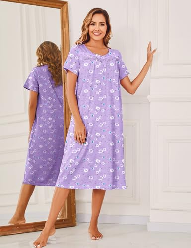Image of Bloggerlove Nightgowns for Women Soft 100% Cotton House Dress Short /Long Sleeve Night Gowns Comfy Sleepwear S-3XL