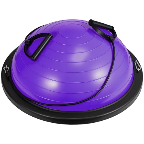GROWNEER Balance Ball Board Inflatable Air Dome With Resistance Bands and Pump, Women Exercise Balance Trainer for Home Gym Workout Fitness Anti-slip Half Yoga Ball for Pilates (Purple)