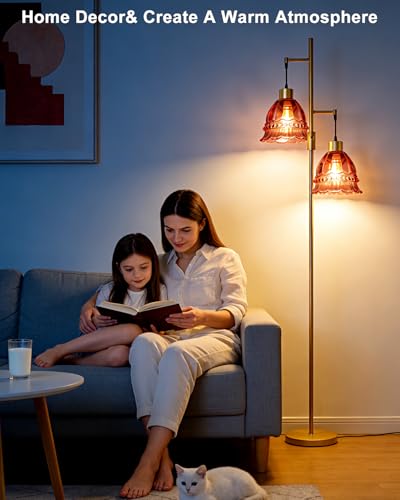 Image of Lightdot 65IN Glass Floor Lamp for Living Room, 2- Light Gold Flower Floor Lamps with Rose Red Glass Lampshade,3000K Warm White Modern Standing Tall Lamp with 5Lbs Heavy Base for Bedroom Corner