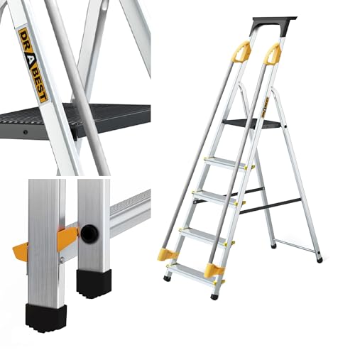DRBAEST ÉCHELLES SÉRIES Pro Échelle Pliable Aluminium Escabeau 5 Marches Main Courante Échelle Antidérapant Charge Max 150 kg
