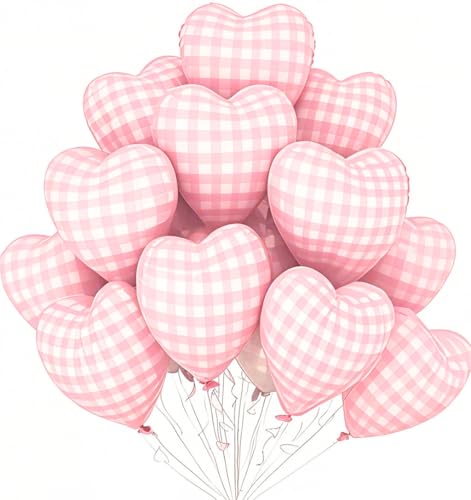 Image of 10 Pcs Pink Checked Heart Balloons, 18 Inch Baby Pink And White Plaid Heart Shaped Balloon For Romantic Wedding Propose Valentine Engagement Bridal Shower Love Graduation Party Decorations