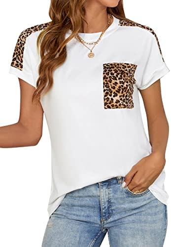 Blooming Jelly Women's Leopard Print Tops Color Block Cap Sleeve Casual Cute Summer Shirts Basic Tees（Small,White
