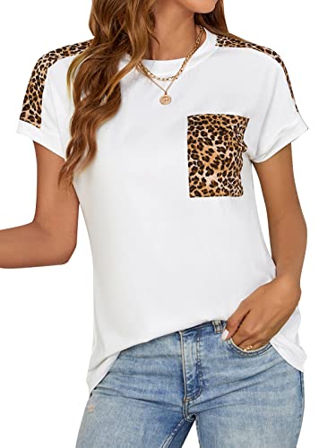 Blooming Jelly Women's Leopard Print Tops Color Block Cap Sleeve Casual Cute Summer Shirts Basic Tees（Small,White #TOP1