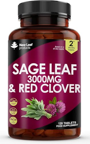Sage Leaf & Red Clover Tablets for Menopause - 3000mg High Strength Perimenopause Supplements with Sage Leaf and Red Clover Menopause Supplements - Vegan Sage 120 Tablets Made in UK by New Leaf